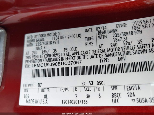 Ford Escape 2014 1FMCU9J90EUC37067 Image 9