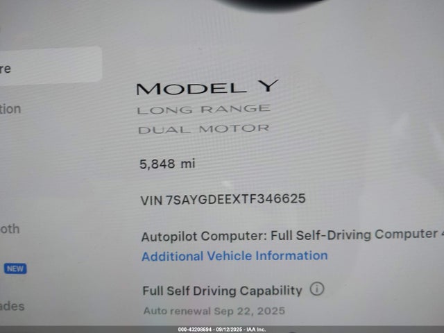 7SAYGDEEXTF346625 Tesla Model Y