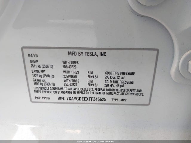 7SAYGDEEXTF346625 Tesla Model Y