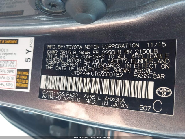 JTDKARFU1G3000182 Toyota 2zr-fxe,1nm