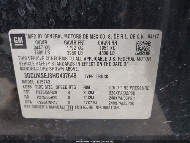 3GCUKSEJ3HG407648 Chevrolet l86 - sidi: spark ignited direct injection, vvt: variable valve timing, afm, e85 max, alum