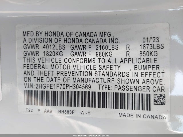 Honda l15b7 2023 2HGFE1F70PH304569 Image 9