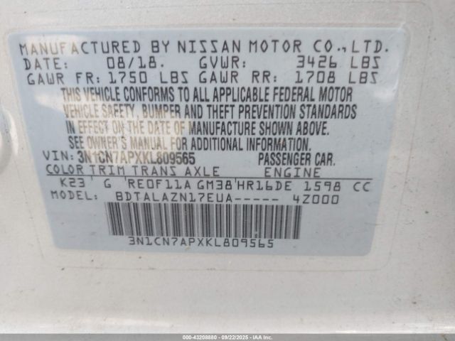 2019 NISSAN VERSA 3N1CN7APXKL809565 Photo 8