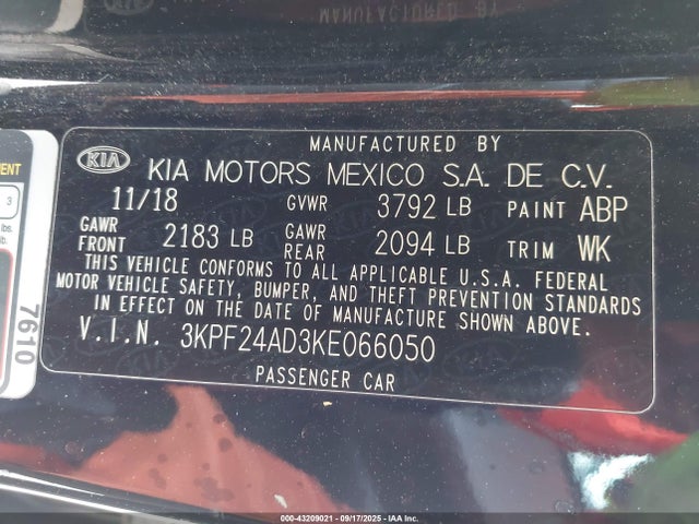 3KPF24AD3KE066050 KIA Forte Lxs