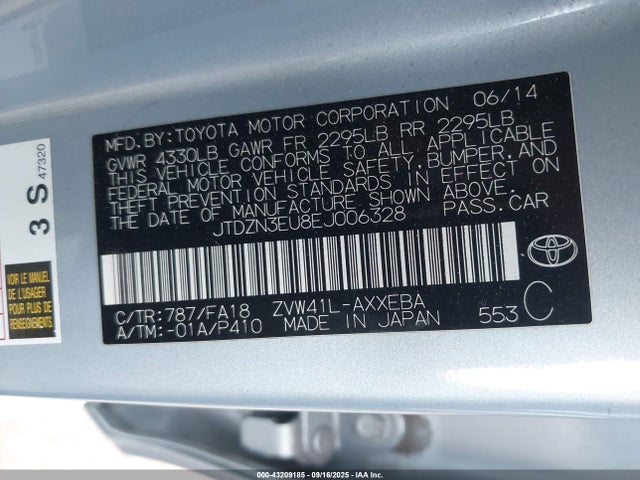 JTDZN3EU8EJ006328 Toyota 2zr-fxe+5jm