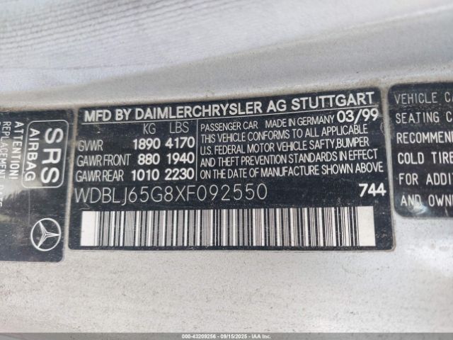 1999 MERCEDES-BENZ CLK 320 WDBLJ65G8XF092550 Photo 8