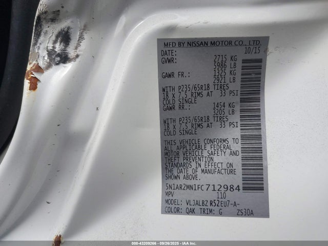 Nissan Pathfinder S 2015 5N1AR2MN1FC712984 Image 9
