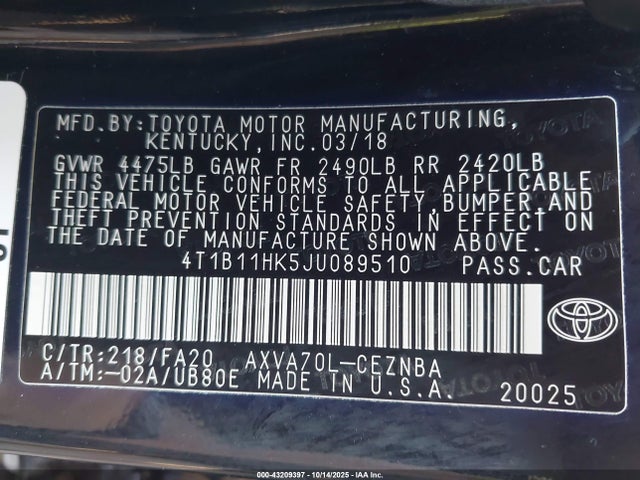 2018 Toyota Camry Le მანქანა იყიდება აუქციონზე, vin: 4T1B11HK5JU089510, აუქციონის ნომერი: 43209397