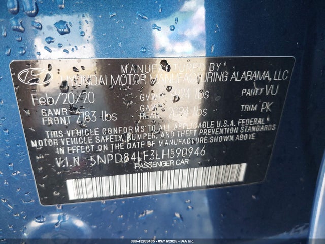 2020 Hyundai Elantra Sel/value/limited მანქანა იყიდება აუქციონზე, vin: 5NPD84LF3LH590946, აუქციონის ნომერი: 43209405