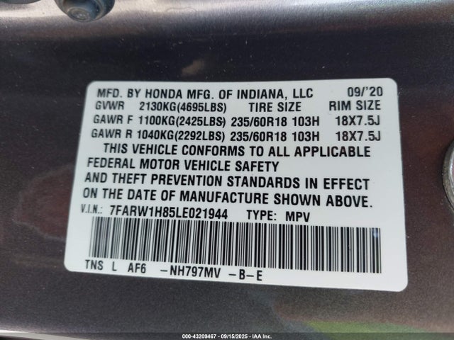7FARW1H85LE021944 Honda Cr-v 2wd Ex-l
