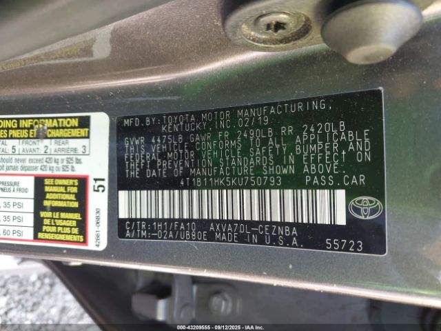 2019 TOYOTA CAMRY 4T1B11HK5KU750793 Photo 8