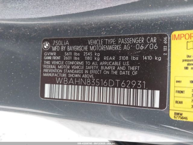 2006 BMW 750LI WBAHN83516DT62931 Photo 8