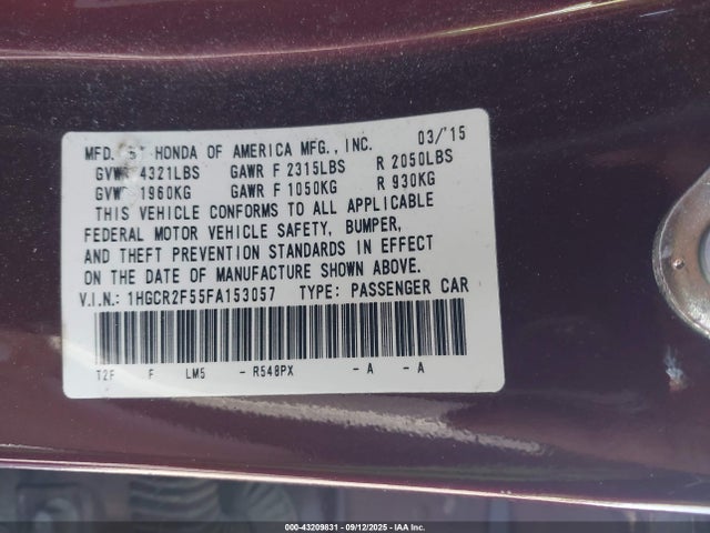 Honda k24w1 2015 1HGCR2F55FA153057 Image 9