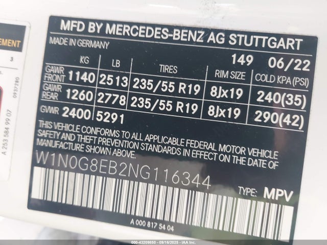 W1N0G8EB2NG116344 Mercedes-Benz m274
