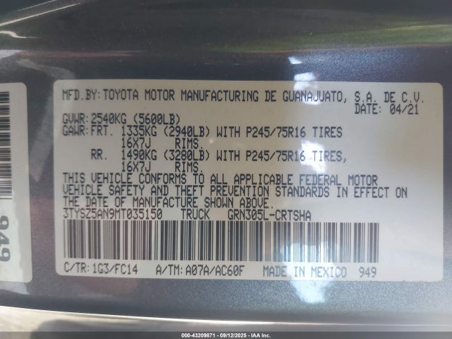 Toyota 2gr-fks 2021 3TYSZ5AN9MT035150 Image 9