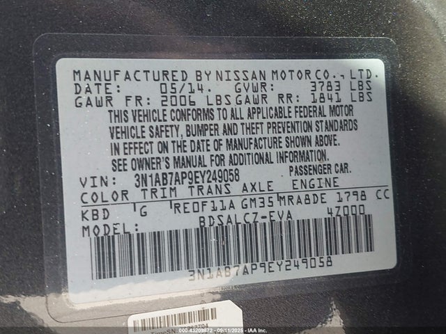 3N1AB7AP9EY249058 Nissan 2014