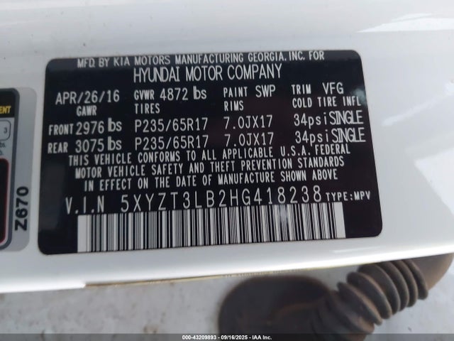 5XYZT3LB2HG418238 Hyundai gdi theta ii