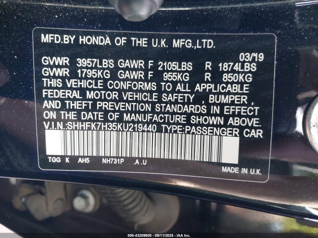 SHHFK7H35KU219440 Honda l15ba
