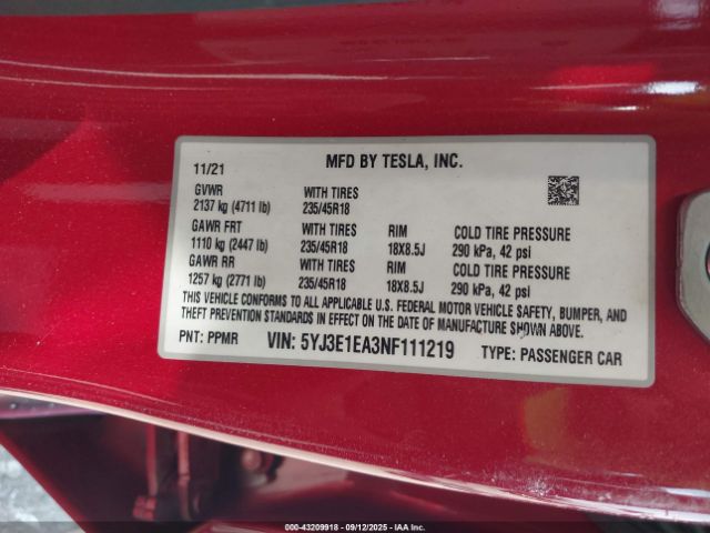 2022 TESLA MODEL 3 5YJ3E1EA3NF111219 Photo 8