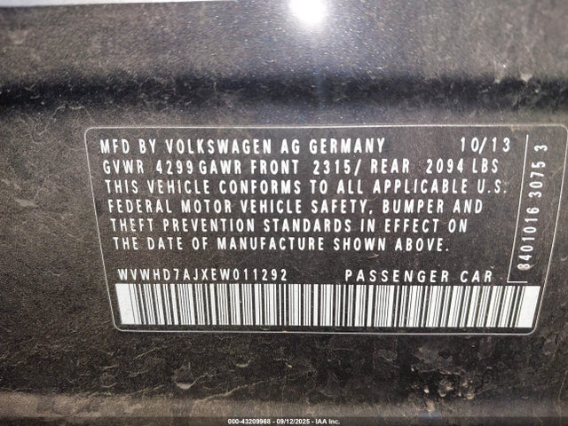 WVWHD7AJXEW011292 Volkswagen 2014