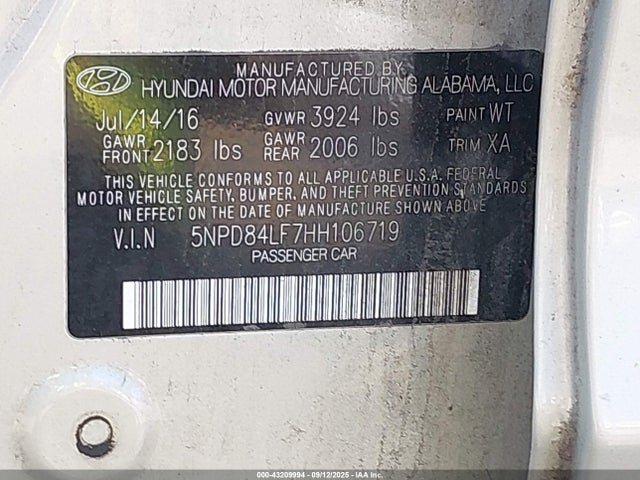 Aukcja sprzedaży 2017 Hyundai Elantra Se, vin: 5NPD84LF7HH106719, numer aukcji: 43209994
