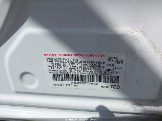 2016 MITSUBISHI OUTLANDER JA4AD2A33GZ000202 Photo 8