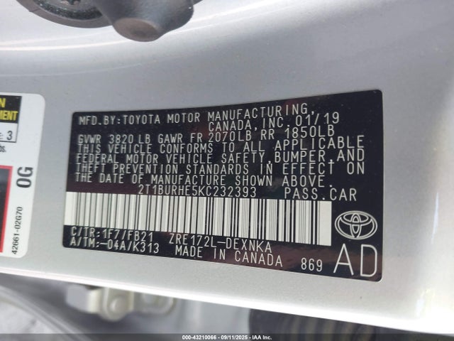 2T1BURHE5KC232393 Toyota COROLLA LE