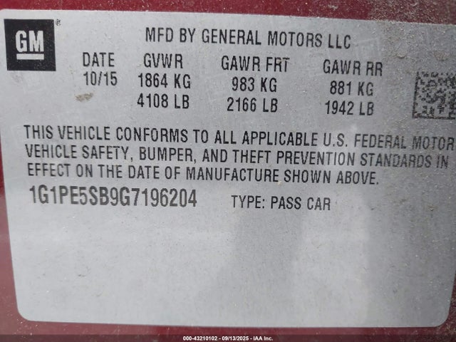 1G1PE5SB9G7196204 Chevrolet luv - vvt, alum, e85 max
