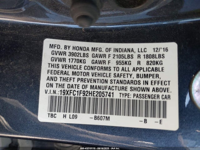 19XFC1F92HE205741 Honda l15b7