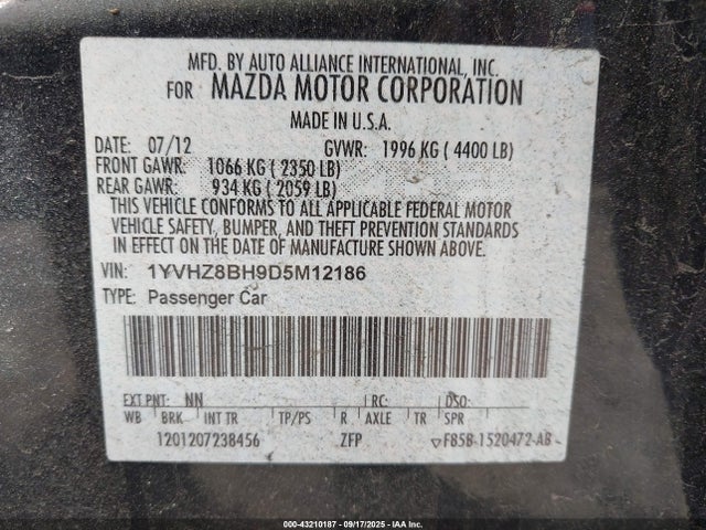 43210187 :رقم المزاد ، 1YVHZ8BH9D5M12186 vin ، 2013 Mazda Mazda6 I Sport مزاد بيع