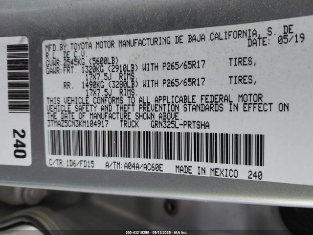 3TMAZ5CN3KM104917 Toyota 2gr-fks