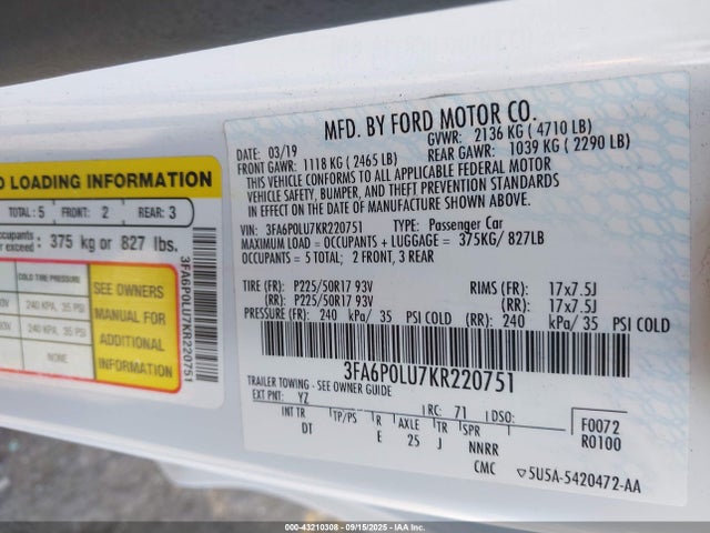 Ford Fusion Hybrid Se 2019 3FA6P0LU7KR220751 Image 9