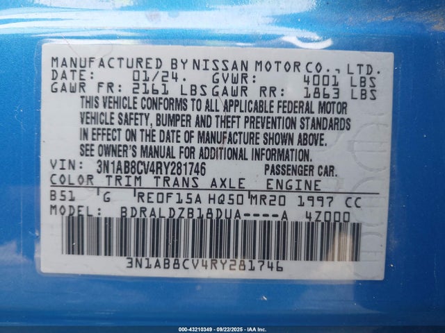 43210349 :رقم المزاد ، 3N1AB8CV4RY281746 vin ، 2024 Nissan Sentra Sv Xtronic Cvt مزاد بيع
