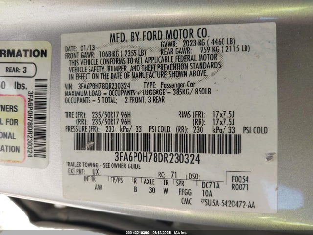 Aukcja sprzedaży 2013 Ford Fusion Se, vin: 3FA6P0H78DR230324, numer aukcji: 43210390