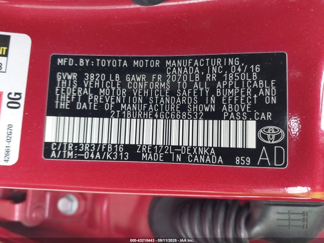 2T1BURHE4GC668532 Toyota 2zr-fe