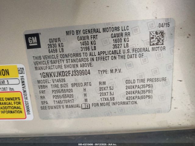 2015 CHEVROLET TRAVERSE 1GNKVJKD2FJ339904 Photo 8