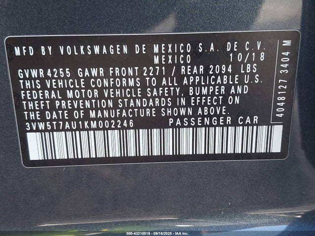 3VW5T7AU1KM002246 Volkswagen 2019
