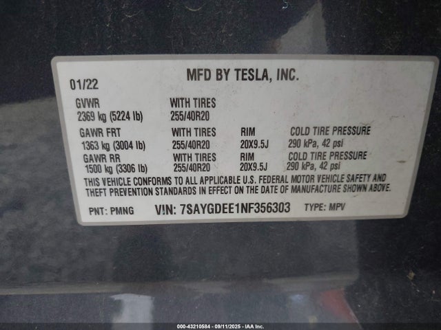 7SAYGDEE1NF356303 Tesla Model Y