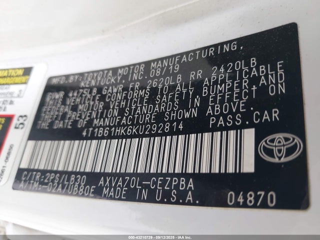 4T1B61HK6KU292814 Toyota a25a-fks