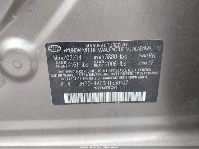 5NPDH4AE6EH530107 Hyundai dohc mpi nu