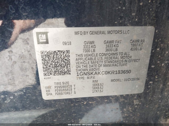 1GNSKAKC0KR183650 Chevrolet l83 - spark ignited direct injection, variable valve timing, afm, e85 max, alum