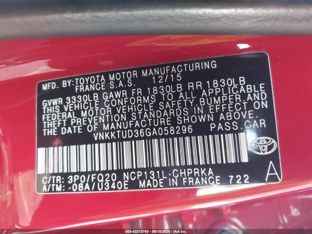 VNKKTUD36GA058296 Toyota 1nz-fe