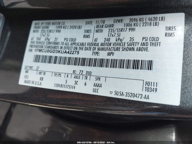 1FMCU0GD3KUA42275 Ford ESCAPE SE