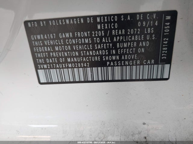 3VW217AUXFM028942 Volkswagen 2015