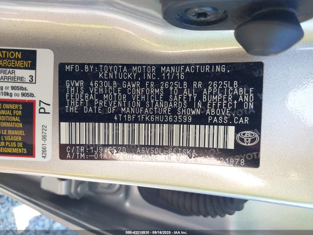 4T1BF1FK6HU363599 Toyota 2ar-fe