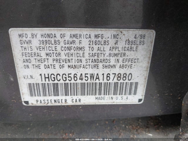 43210960 :رقم المزاد ، 1HGCG5645WA167880 vin ، 1998 Honda Accord Lx مزاد بيع