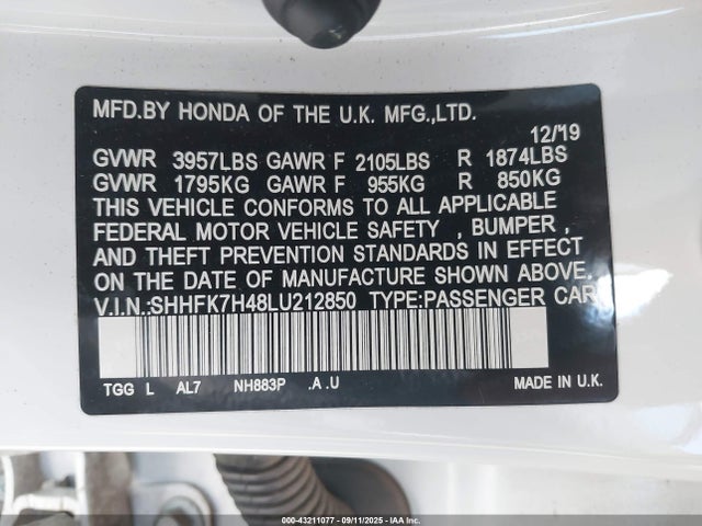 SHHFK7H48LU212850 Honda Civic Sport