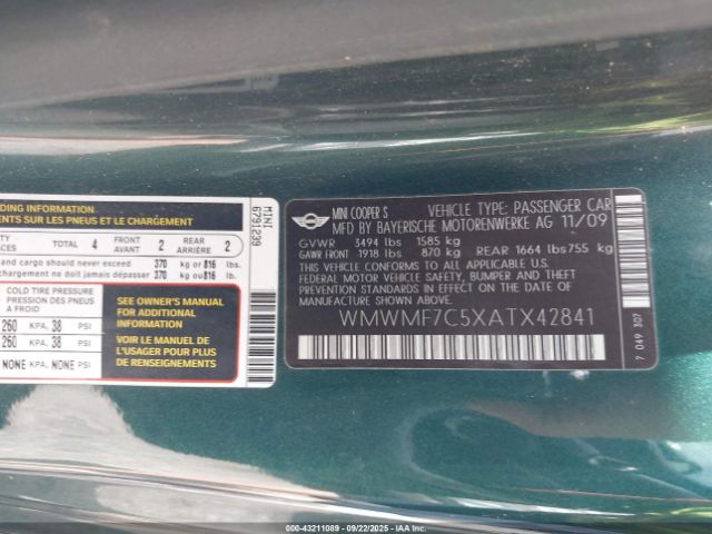 2010 MINI COOPER S WMWMF7C5XATX42841 Photo 8