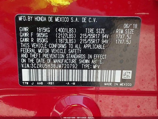 3CZRU5H38JM720792 Honda r18z9