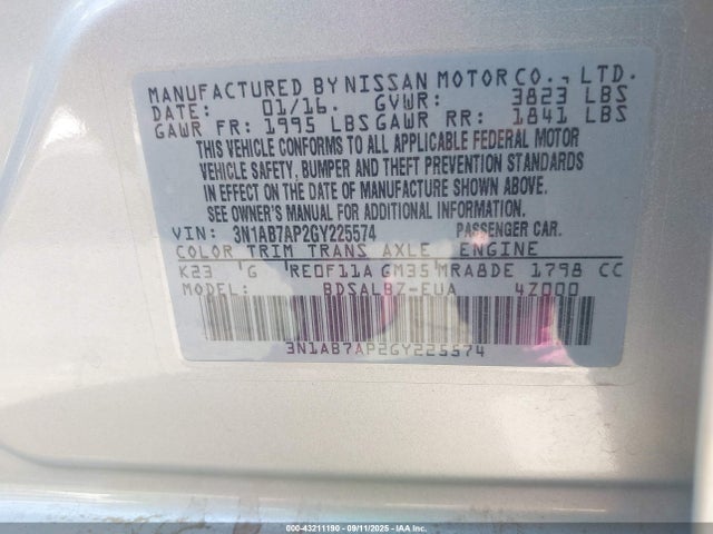 3N1AB7AP2GY225574 Nissan Sentra